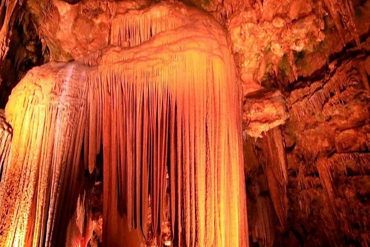 Close-up view of impressive stalactite rock formations inside Luray Caverns.