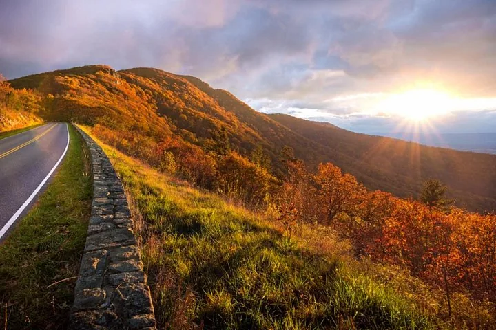 Scenic view of a mountain road lined with autumn trees at sunset.